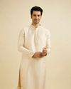 Cream Beige Geometric Patterned Kurta Set with Mirror Work